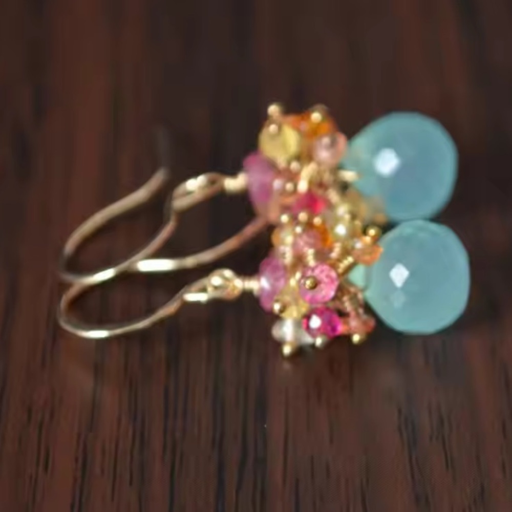 - Chalcedony Gemstone Earrings 1”-14k Gold Filled Earring Tops - Picture 3 of 6